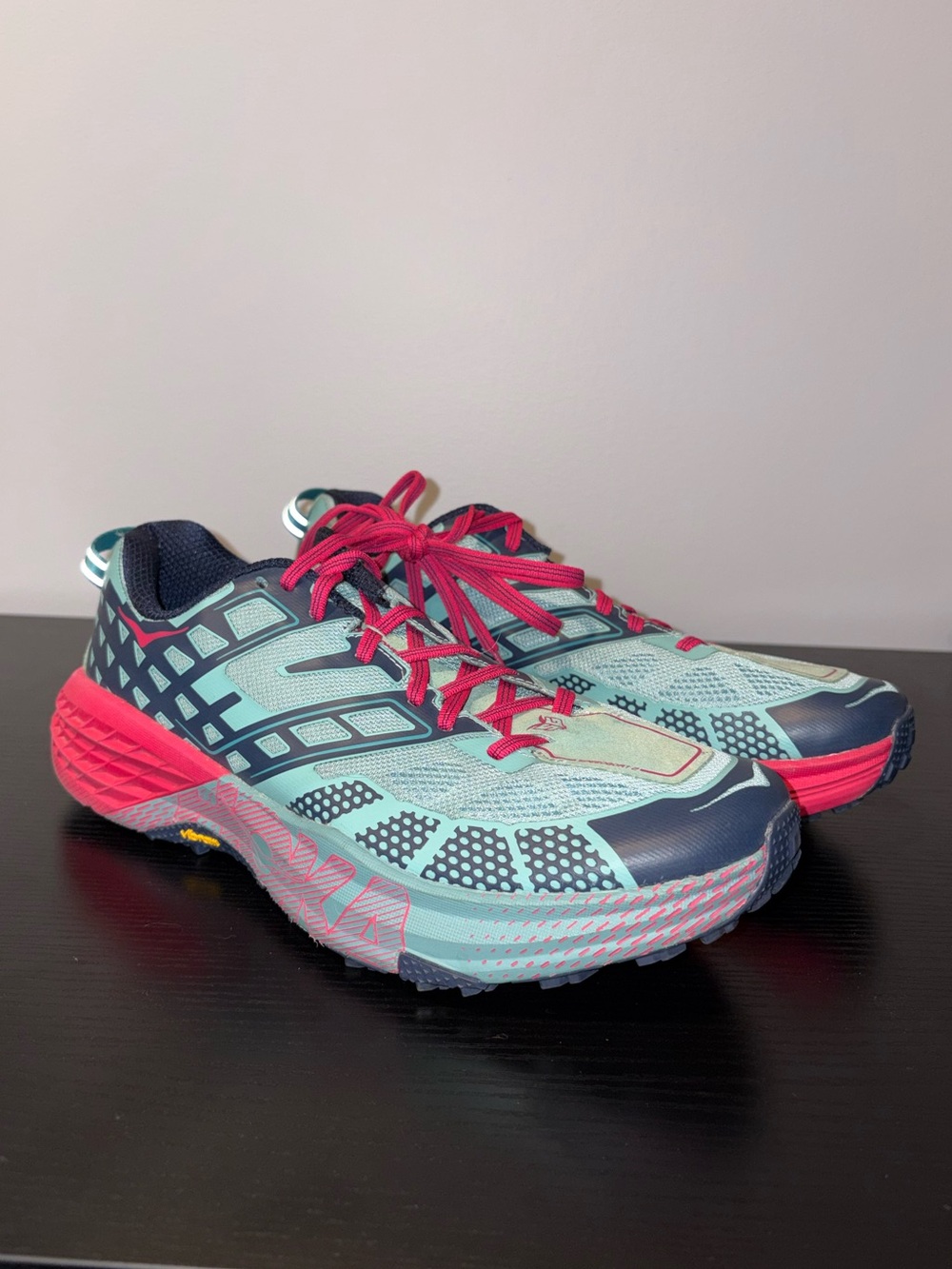 HOKA One One Speedgoat 2 Trail Running Shoes Womens 10 Blue Pink Vibram